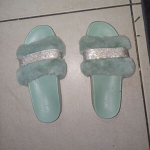 Green Furry Slide Sandals